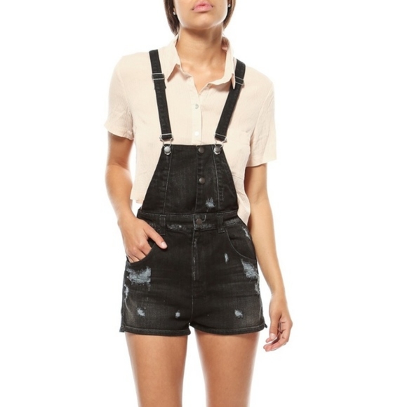 black distressed overall shorts